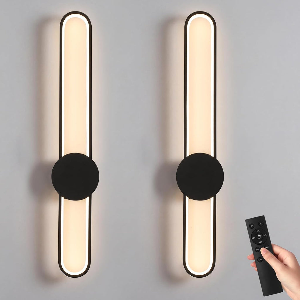 Battery Operated Wall Sconces Set of Two,31.4in Wireless Modern Wall lamps for living room,15000mah Rechargeable LED Wall Lights with Remote,3 Color Dimmable Black Wall Sconce for Bedroom,Hallway.