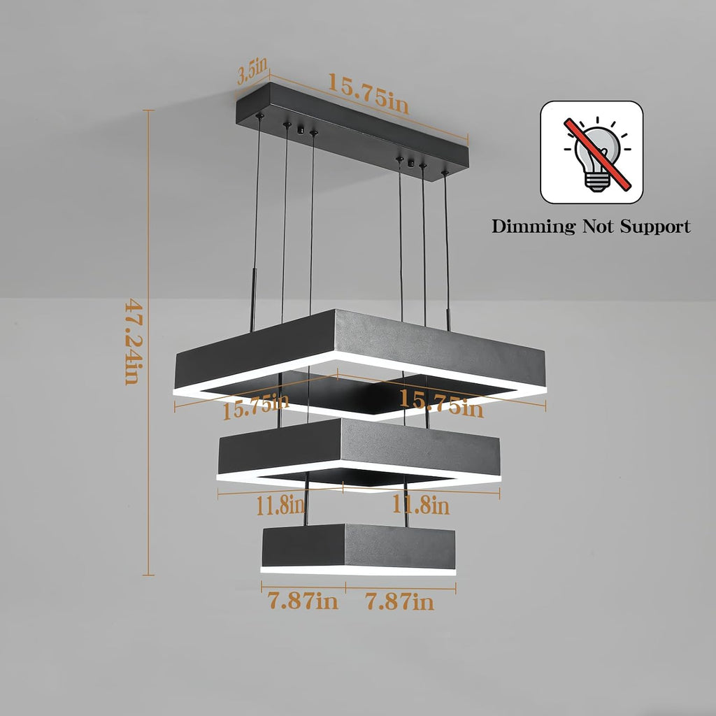 O'NEELDY Modern Chandelier 58W LED Black Pendant Light Embedded Mount Square Rings LED Chandeliers Dining Room Light Fixtures for Kitchen Bedroom, 6000K