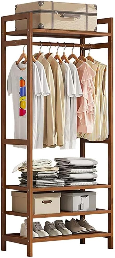 Bamboo Freestanding Clothes Rail with Hanging Rod 2 Shelves and Hooks Natural Wood Garment Rack nizer for Bedroom and Hallway