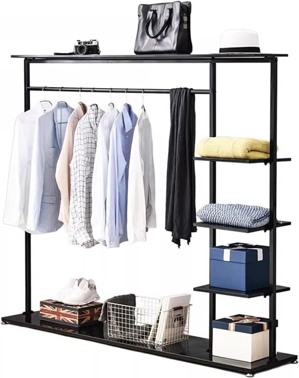 Hangers Display Stand - Garment Rack With Shelf, Metal Clothing Rack Free Standing Closet Organizer With 5 Tier Shelf,Large Clothing Display Stand For Home, Clothing Stores Organizer Shelf(Color:Black