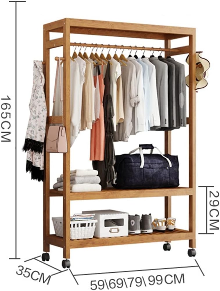Heavy Clothes Rails Shoe Bench Coat Stand Rack Hanger Wooden Coat Rack Freestanding Garment Rack With 2 Storage Shelves And 4 Hooks, Coat Rack With Curtain On Wheels For Entryway, Hallway, B