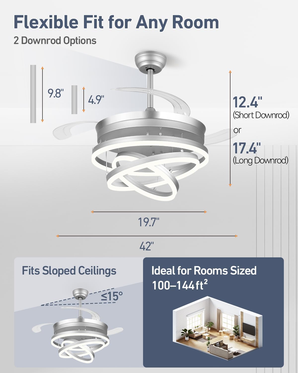 42 Inch Retractable Ceiling Fans with Lights and Remote, Modern Chandelier Fandelier Ceiling Fans, Quiet Reversible DC Motor, 6 Speeds, 3 Color Dimmable LED for Bedroom Living Room (Silver)