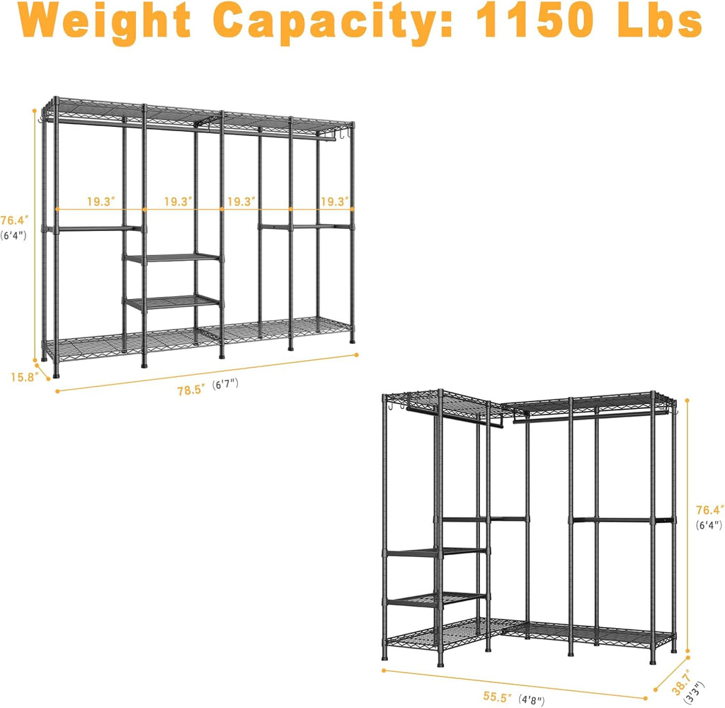 ULIFHOME H41 Garment Rack Heavy Duty Clothes Rack, Clothing Racks for Hanging Clothes, Extra Large Freestanding Portable Closet Wardrobe Rack 78.5'' W × 15.8'' D × 76.4'' H, Max Load 1150 Lbs, Black