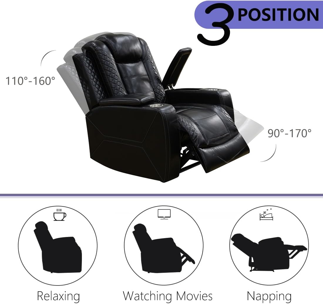Power Recliner Sofa Set, Black Leather Reclining Couch & Chair Set, Living Room Furniture Sets, Luxury 3 Piece Living Room Furniture with Cup Holders/Storage/Charging for Home Theater/Office