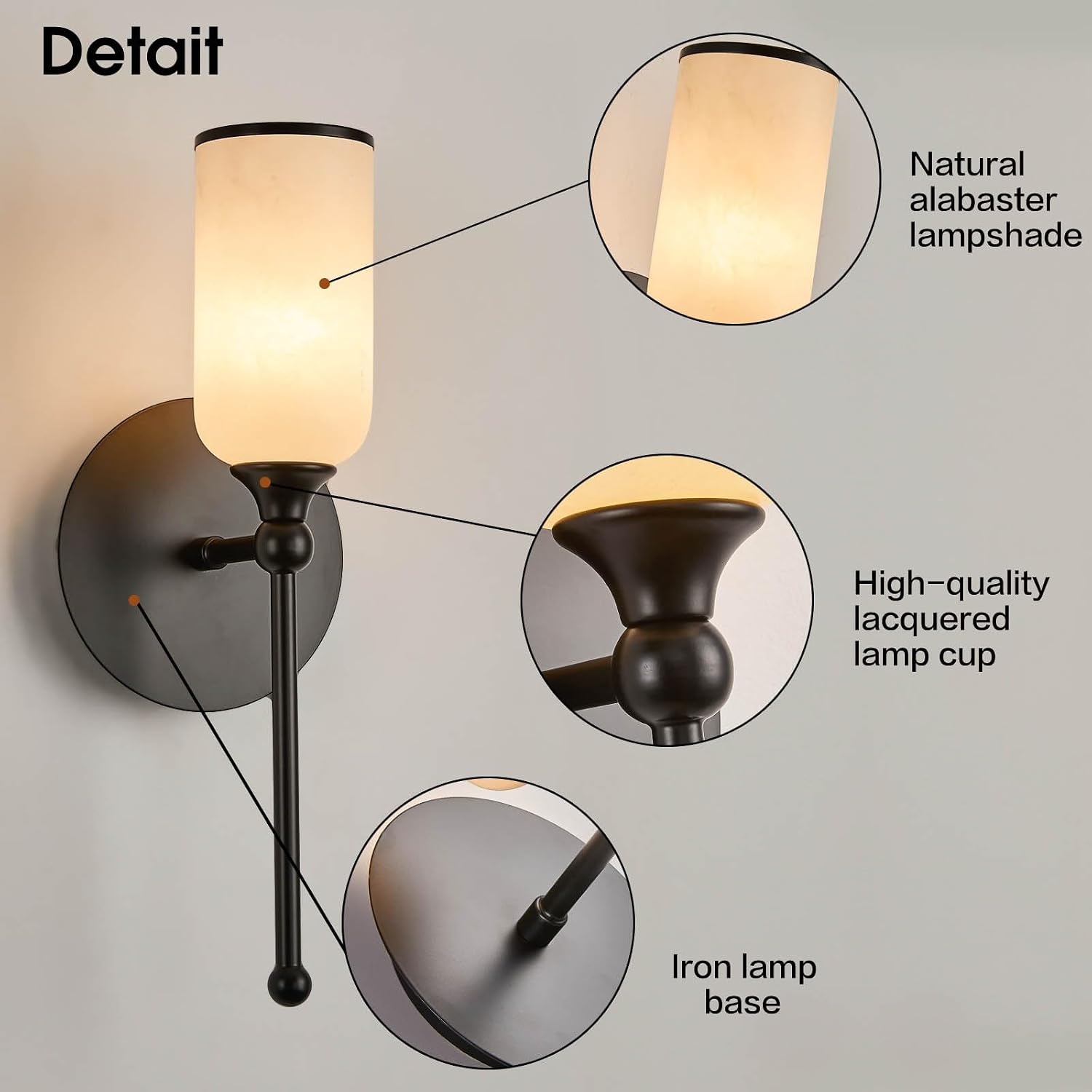 Alabaster Wall Sconce Set of Two, 15.4inch Natural Marble Lampshade Wall Sconce, Hardwired Sconce LED Modern Wall Lamp for Bedroom, Stairs, Living Room, Bedside, Hallway Black