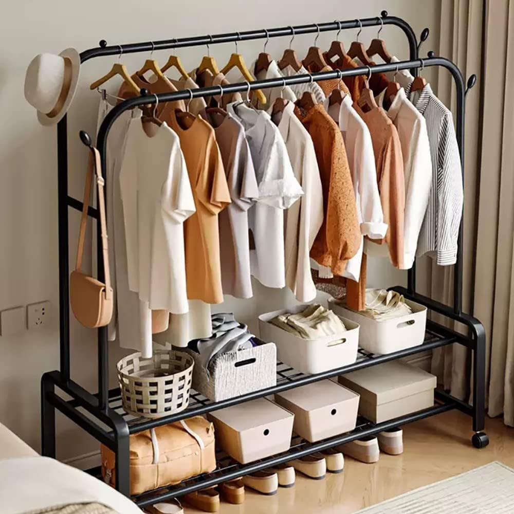Shoe Bench Coat Stand Rack Hanger Metal clothes rack, Free-Standing Garment rack,Hanging rails for Clothes with Shoe Rack, Bedroom Heavy Duty Garment Rack, for Living Room, Hallway