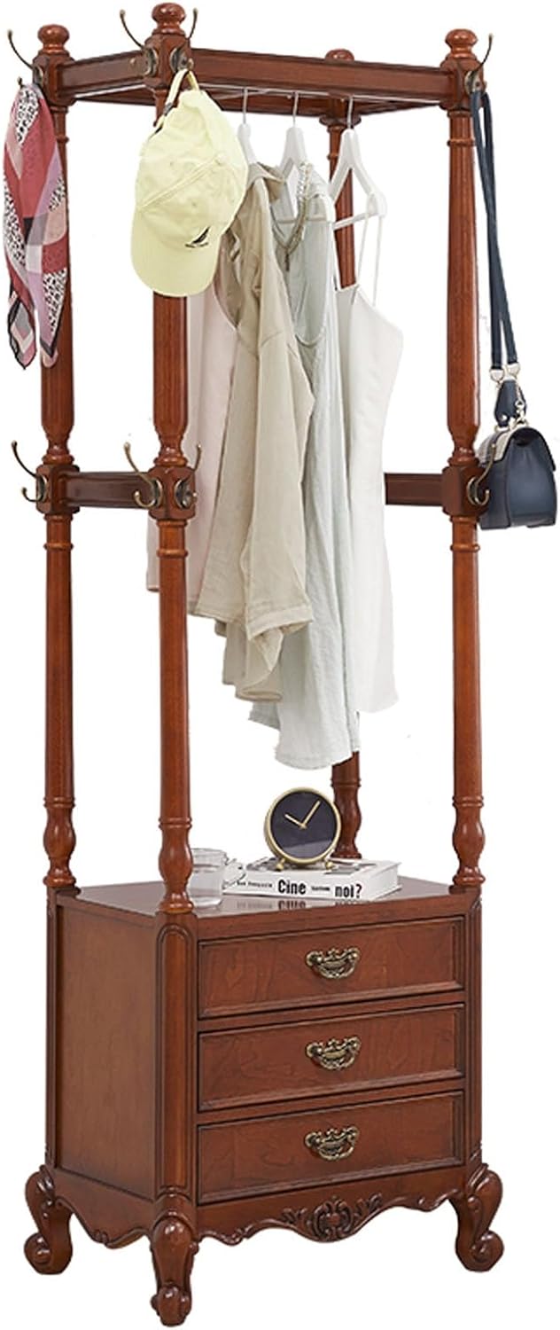 Solid Wood Clothing Racks, with 2 Drawers, Clothes Rack, Hat Storage Stand, Floor-standing Garment Racks, for Hanging Shirts, Jackets, Coat(Brown)