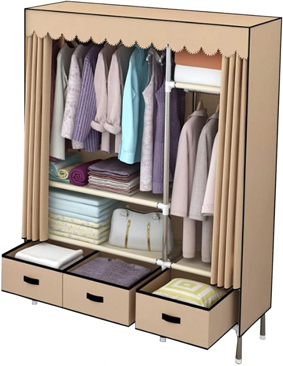 Garment Rack Heavy Duty Clothes Rack With Cover Freestanding Metal Clothing Rack Portable Closet Wardrobe With 2 Hanging Rods And 3 Drawers For Bedroom (Color : Brown, Size : 125x45x168cm)