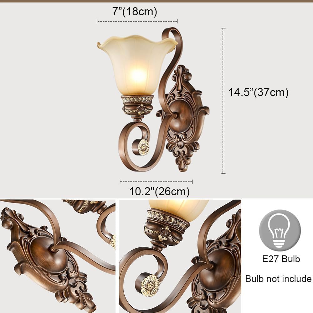 Vintage Floral Wall Sconces Set of 2,Resin Iron Lampshade Old Style Lamp Sconce Wall Decor with Glass Shades for Living Room Bedroom Hallway (2 Pack)