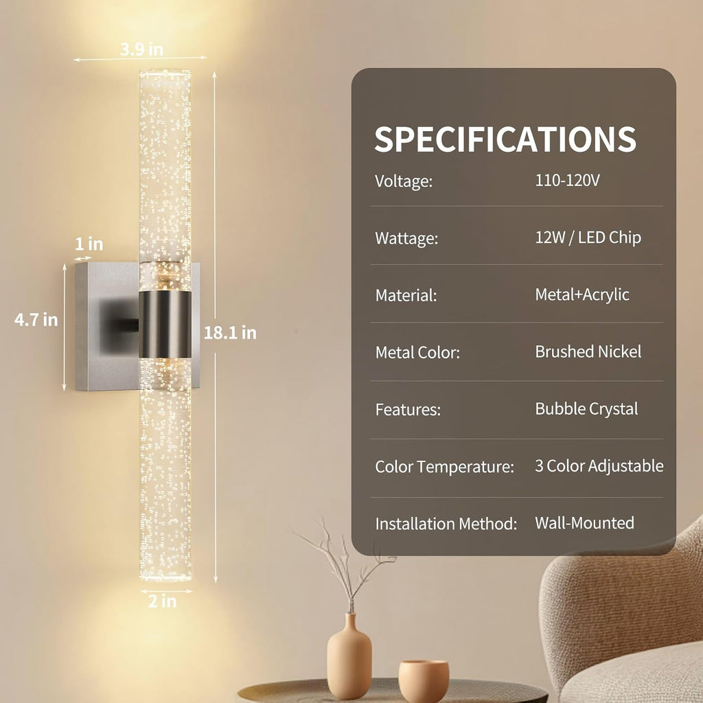 Modern Wall Sconces Set of Two in Brushed Nickel Finish 18 Inch 3000K-6000K Led Bathroom Sconce Lights Indoor Hardwired Wall Lamp for Bedroom Living Room Hallway, 12W