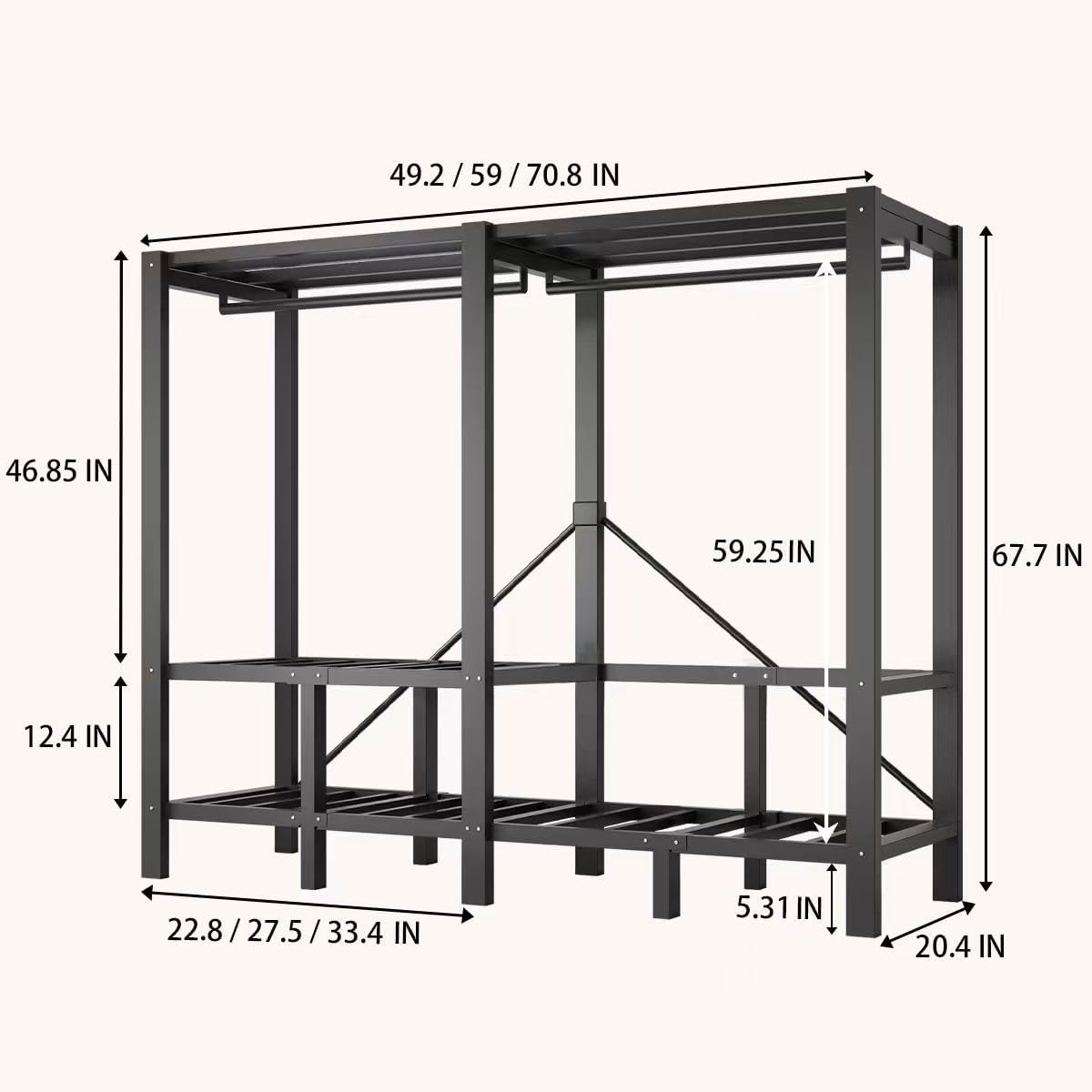 Portable Wardrobe Closet, Heavy Duty Clothing Rack for Hanging Clothes, Metal Clothes Rack with Cover and Hanging Rods, Freestanding Wardrobe Armoire Load 1000 LBS (Sky 70)