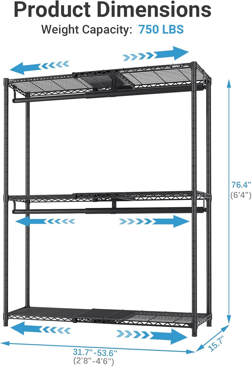 VIPEK X1 Plus Expandable Reach-in Closet Adjustable from 2'8' to 4'6' with Adjustable Shelves and Hanger Rods Clothes Rack Heavy Duty, Metal Clothing Racks Portable Walk-in Closet, Black