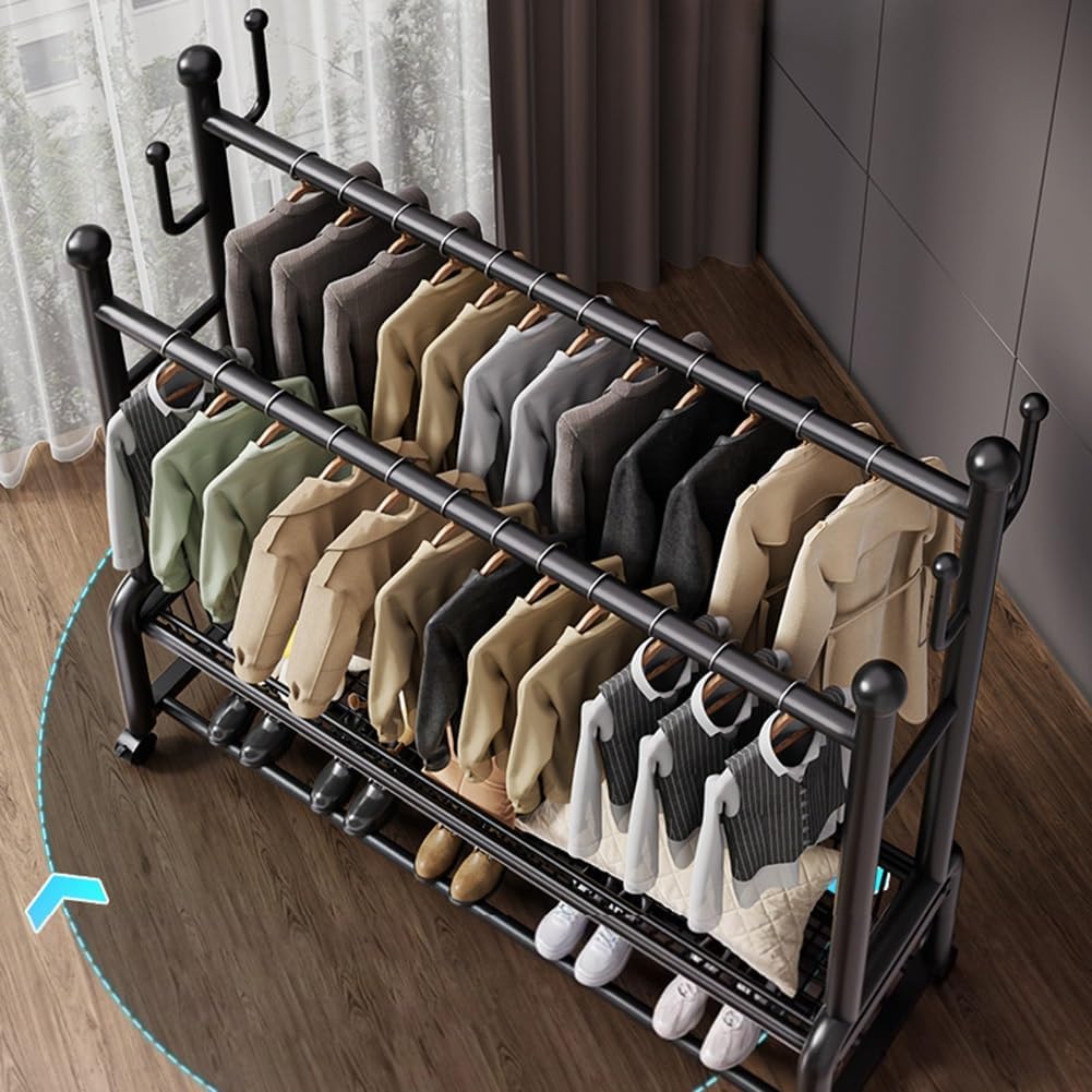 Freestanding Multi-functional Metal Garment Rack on Wheels, Portable Clothing Rack with Shelf and Hooks, for Coats, Shirts, Dress, Used in Cloakroom, Bedroom