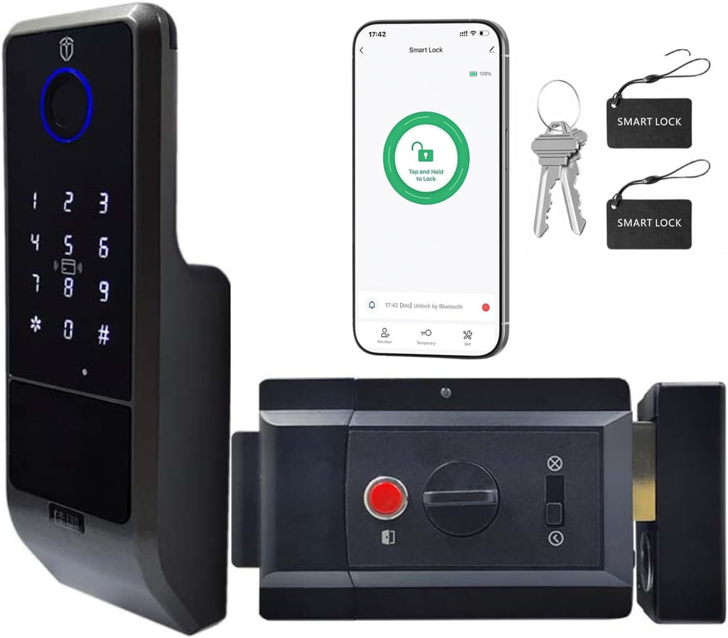 Zonixtec Waterproof Smart Rim Gate Lock, Biometric Fingerprint & Keypad Outdoor Electronic Lock, Tuya App Remote Control, Surface-Mounted Latch for Fence, Yard, Garden, Garage, Shed, Anti-Peep