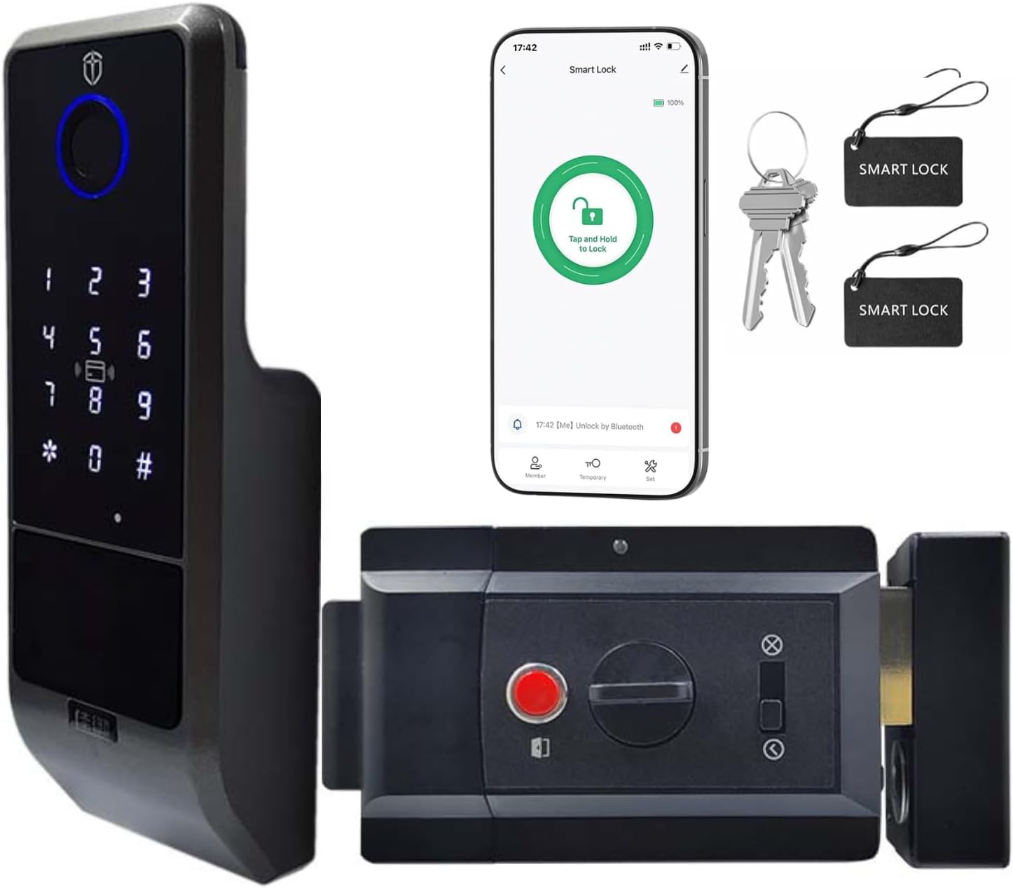 Zonixtec Waterproof Smart Rim Gate Lock, Biometric Fingerprint & Keypad Outdoor Electronic Lock, Tuya App Remote Control, Surface-Mounted Latch for Fence, Yard, Garden, Garage, Shed, Anti-Peep
