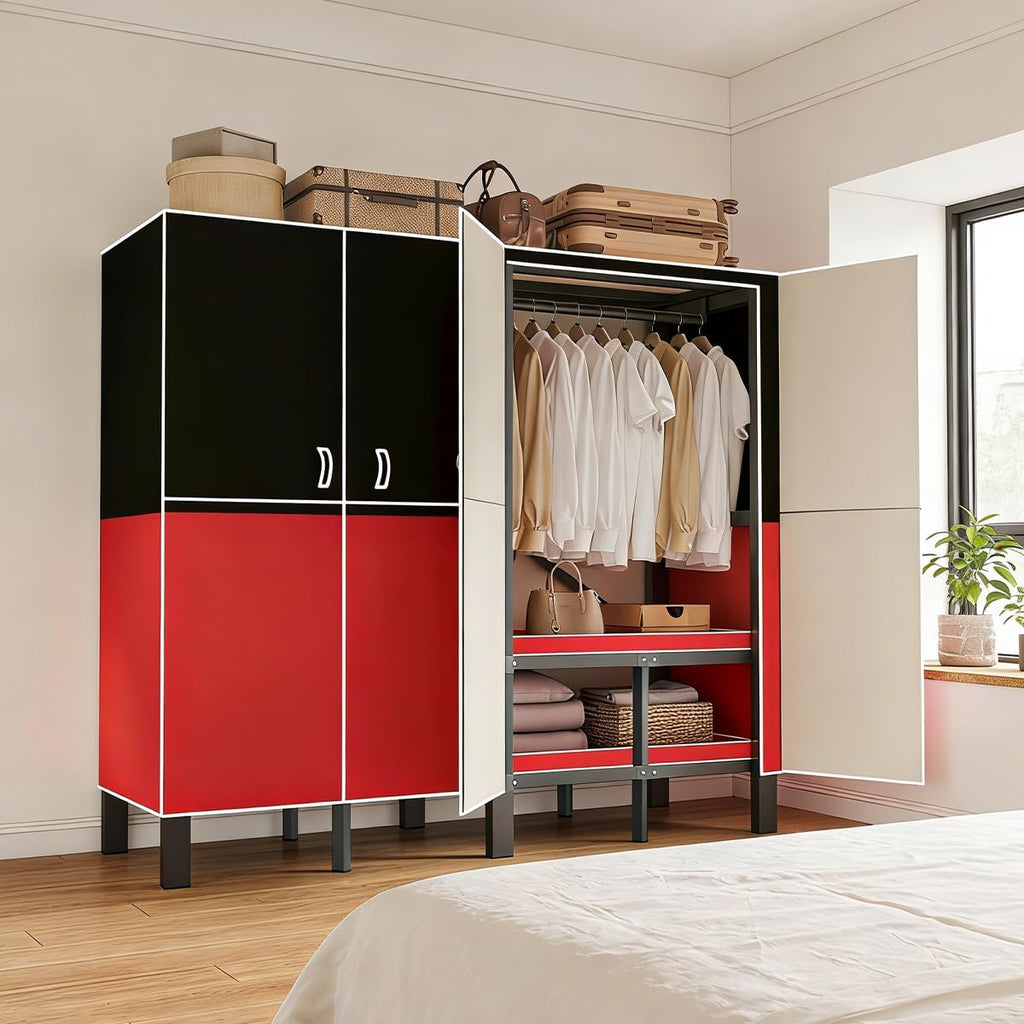Portable Wardrobe Closet, Heavy Duty Clothing Rack for Hanging Clothes, Metal Clothes Rack with Cover and Hanging Rods, Freestanding Wardrobe Armoire Load 1000 LBS (Red 49 in)