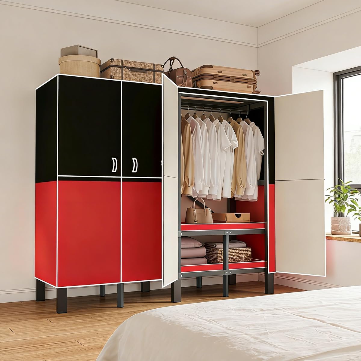 Portable Wardrobe Closet, Heavy Duty Clothing Rack for Hanging Clothes, Metal Clothes Rack with Cover and Hanging Rods, Freestanding Wardrobe Armoire Load 1000 LBS (Red 70 in)