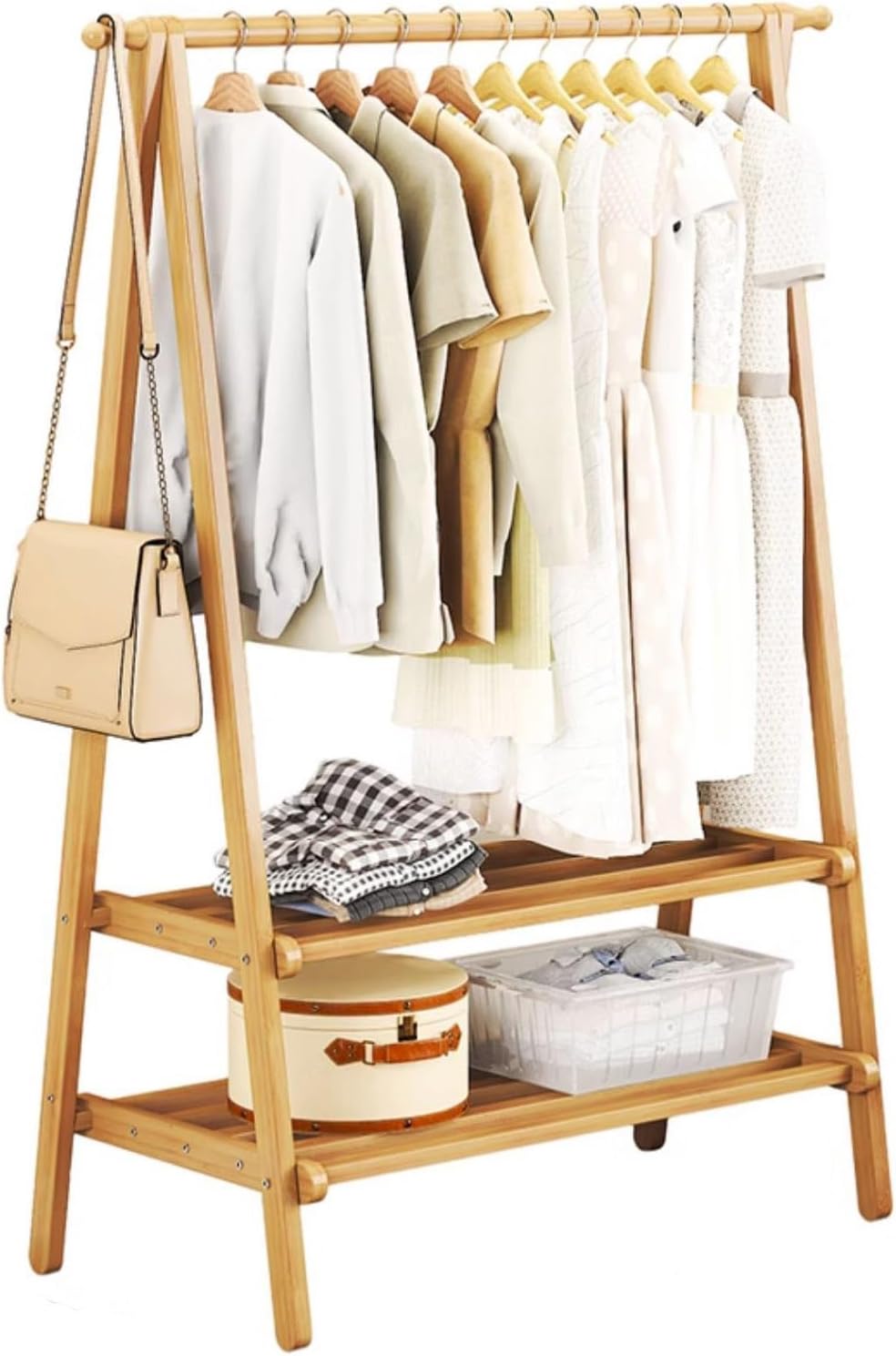 Bamboo Clothing Garment Rack Freestanding, Clothes Organization for Bedroom, Kids Room, Clothes Rail with 2 Shelves, Closet Display Rack(68x41x145cm)