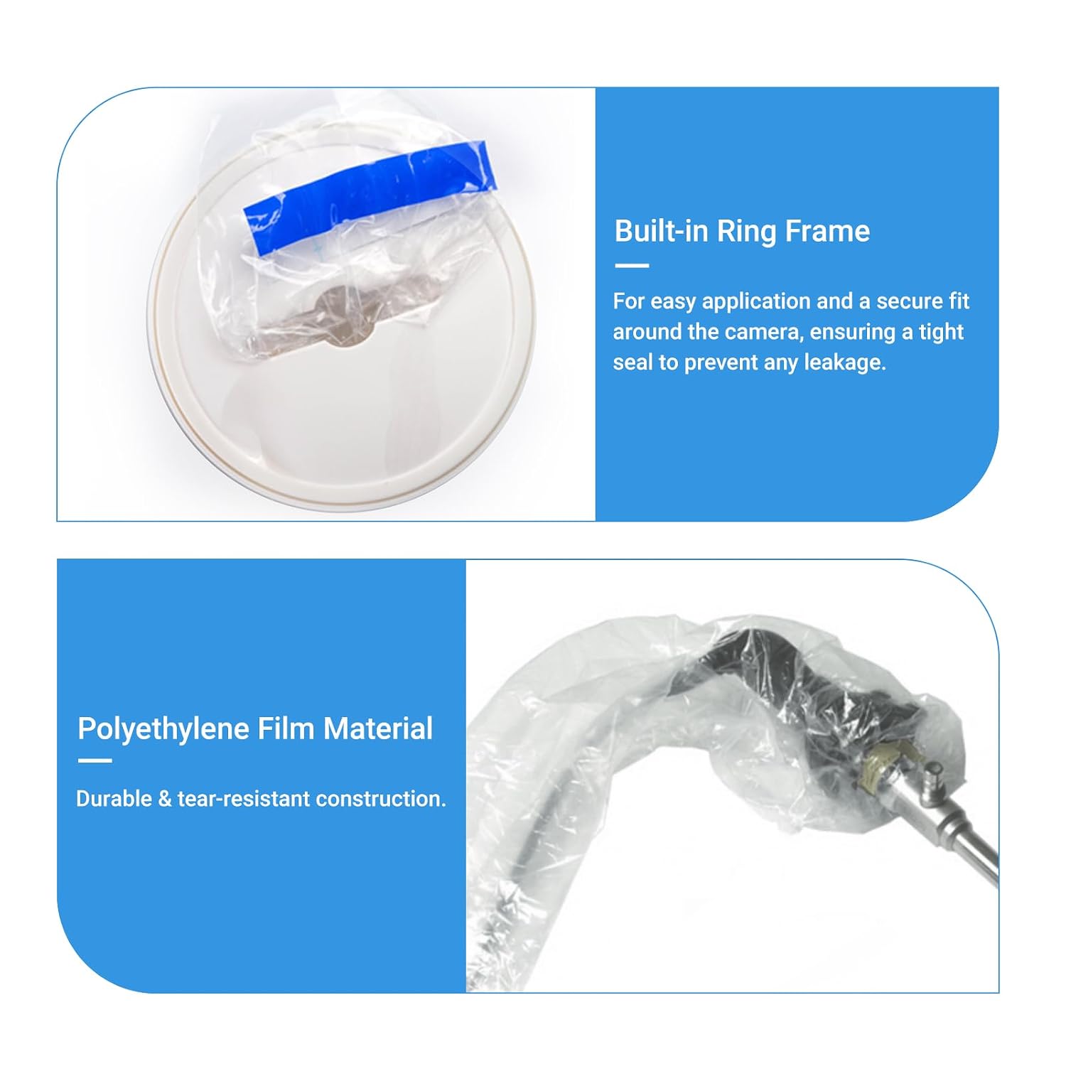 Endoscopic Camera Protective Cover Laparoscopic Camera Sleeve with Ring Frame, Disposable, Sterile Individual Packaging, 5.9'x98', (50)