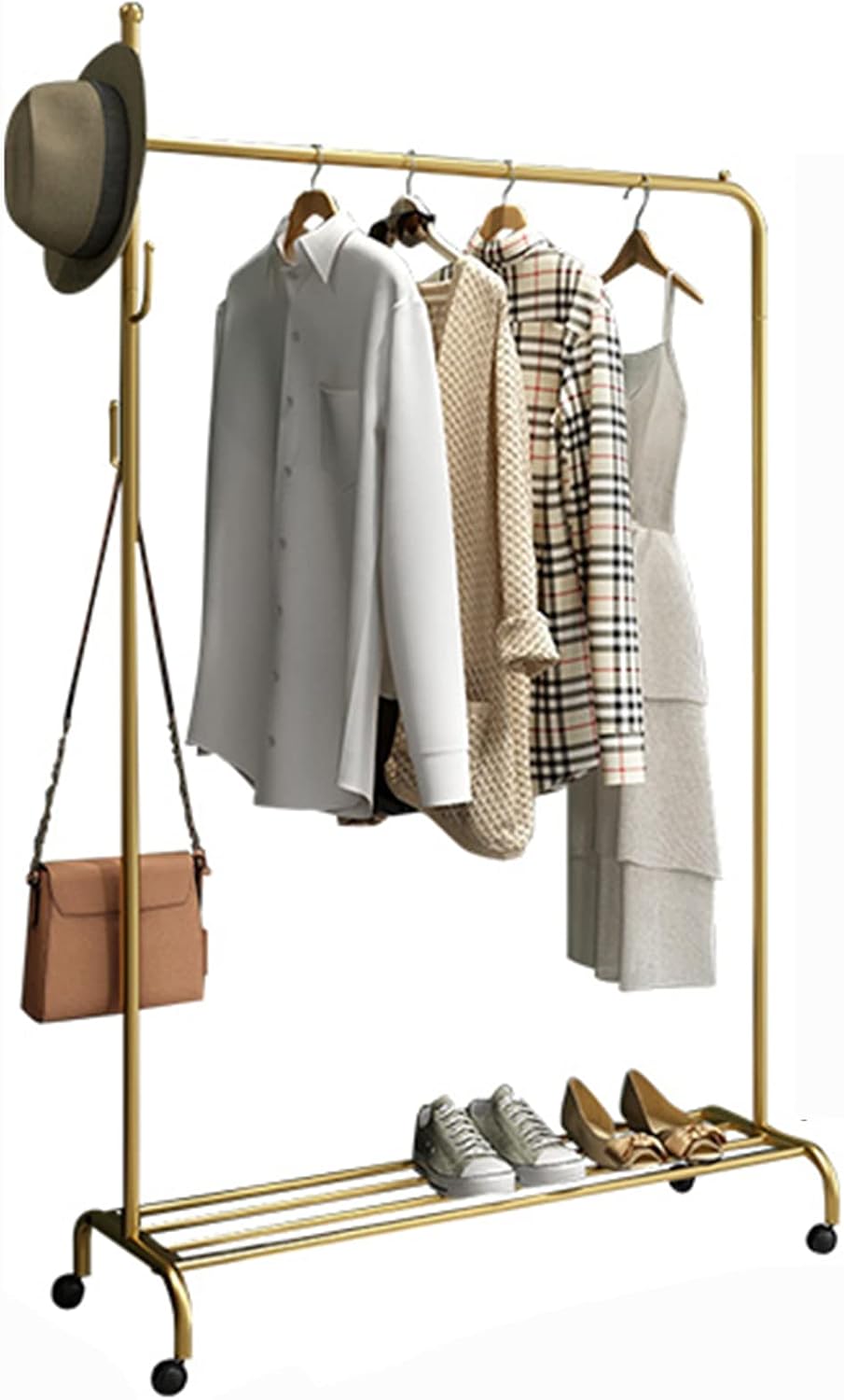 Heavy duty Garment rack Modern Metal Clothes Rail On Wheels Freestanding Hanger With Shelves And 4 Hooks Space Saving Clothing Rack For Bedroom And Entrance Easy To Assemble Coat Rack Stand ( 120X38X