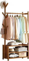 Bamboo Clothes Rack with 2 Storage Shelves and 6 Hooks Portable Extra Large Freestanding Garment Rack for Bedroom and Living Room 70x37x146cm