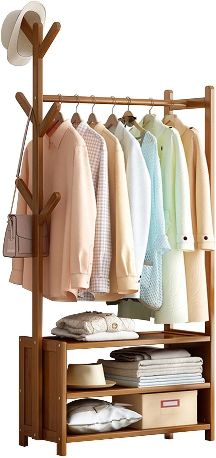 Bamboo Clothes Rack with 2 Storage Shelves and 6 Hooks Portable Extra Large Freestanding Garment Rack for Bedroom and Living Room 70x37x146cm