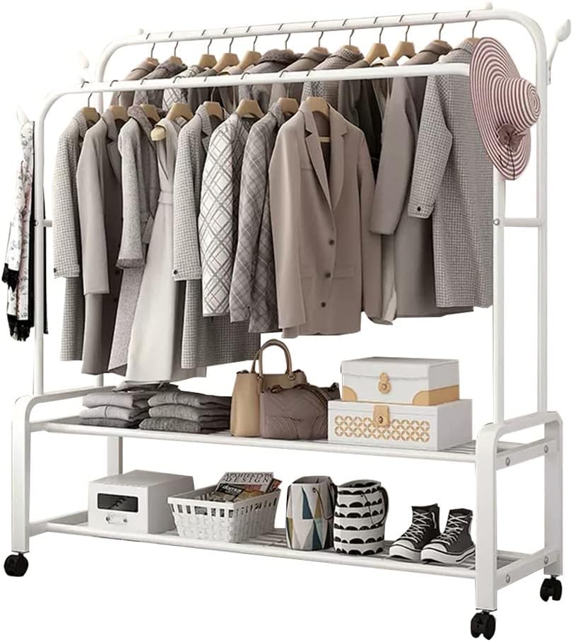 Shoe Bench Coat Stand Rack Hanger Metal clothes rack, Free-Standing Garment rack,Hanging rails for Clothes with Shoe Rack, Bedroom Heavy Duty Garment Rack, for Living Room, Hallway
