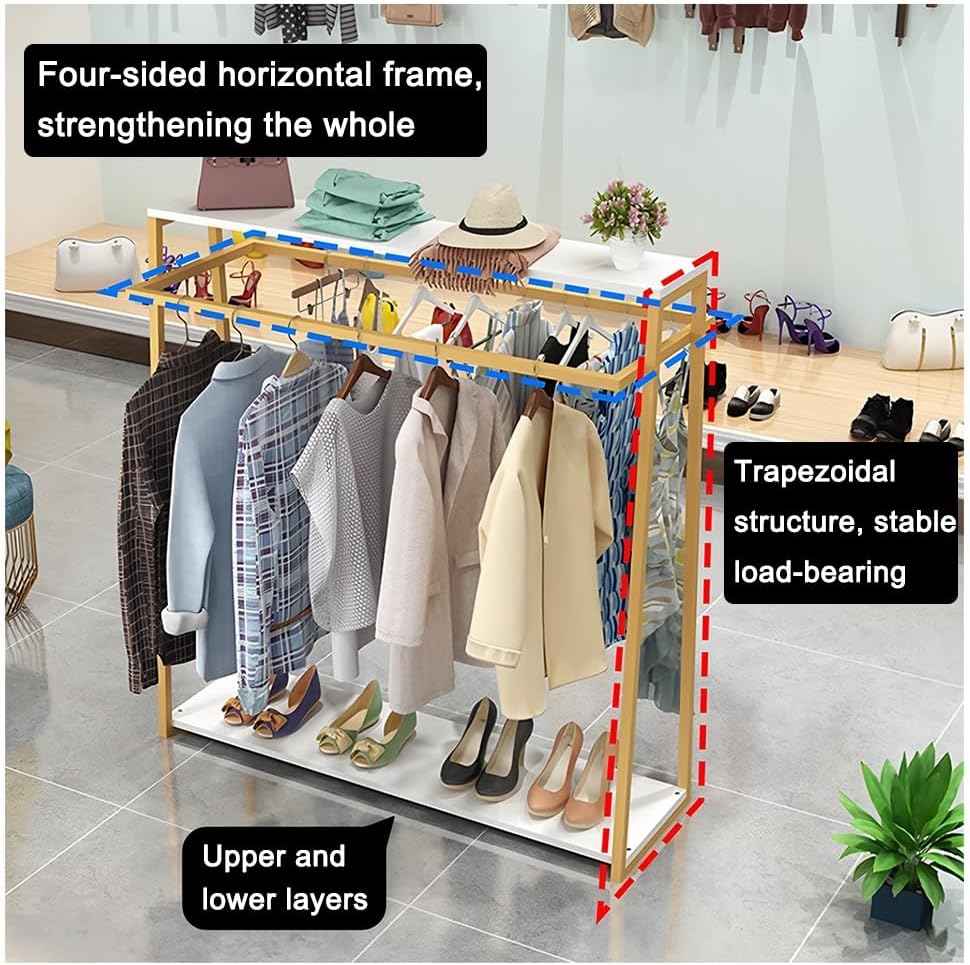 Heavy Duty Clothing Rack with Shelves, Metal Freestanding Garment Rack, Floor-Standing Double Hanging Rods Hangers Clothes Shelves, for Hanging Clothes Retail Display(100x40x150 cm)