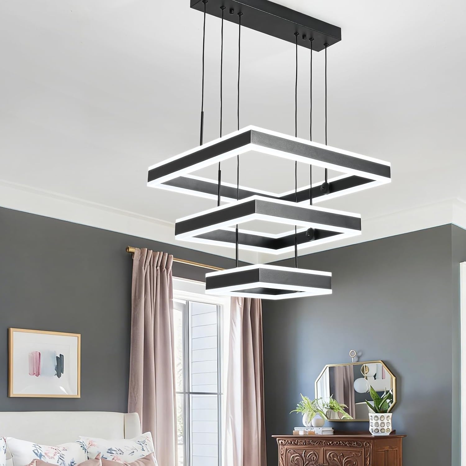 O'NEELDY LED Pendant Light Fixture, 20.47'' Modern Chandelier Square Rings Adjustable Height Black Pendant Lighting 3 Lights Kitchen Island Chandeliers for Dining Room, 6000K