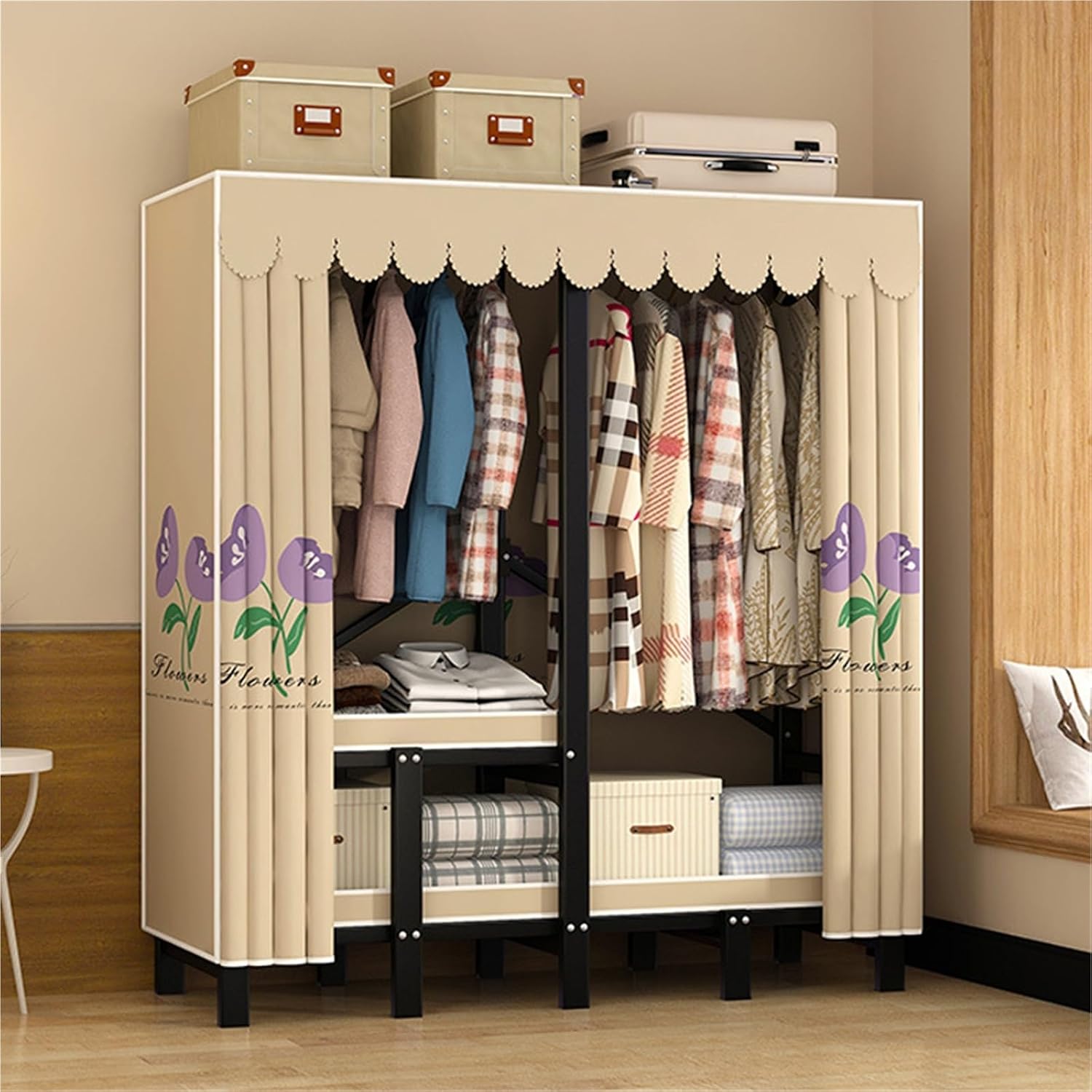 Portable Metal Wardrobe Closets,Freestanding Clothing Racks,Foldable Wardrobe Closet Large Heavy Duty Portable Covered Rack With Cover,for Hanging Clothes Coat Storage Garment Racks Bedroom(130CM)