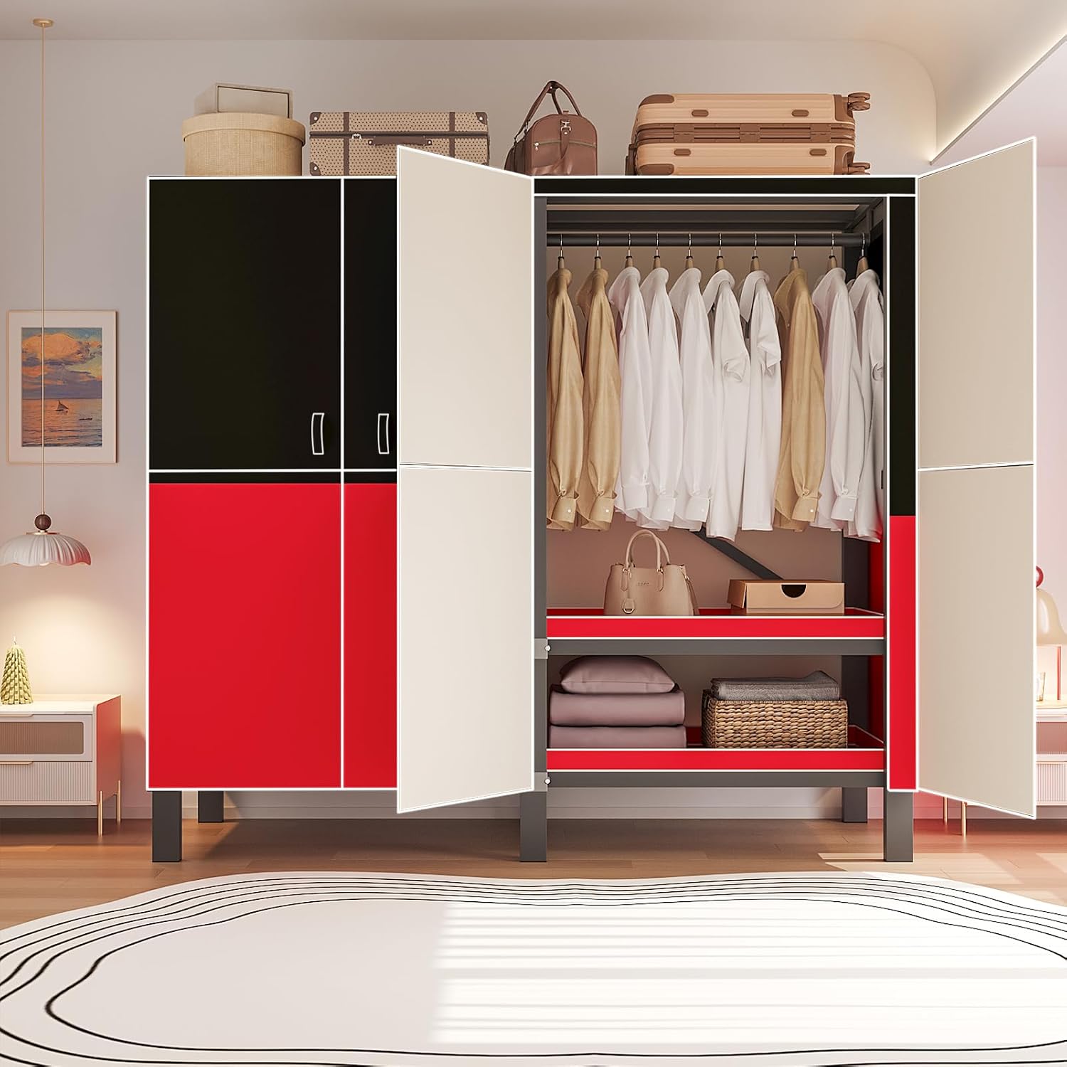 Heavy Duty Portable Closet Wardrobe, Garment Rack with Cover & Hanging Rods, Freestanding Wardrobe with Magnetic Door, Metal Closet Rack for Hanging Clothes (Door Design C, 49.2''/125cm)