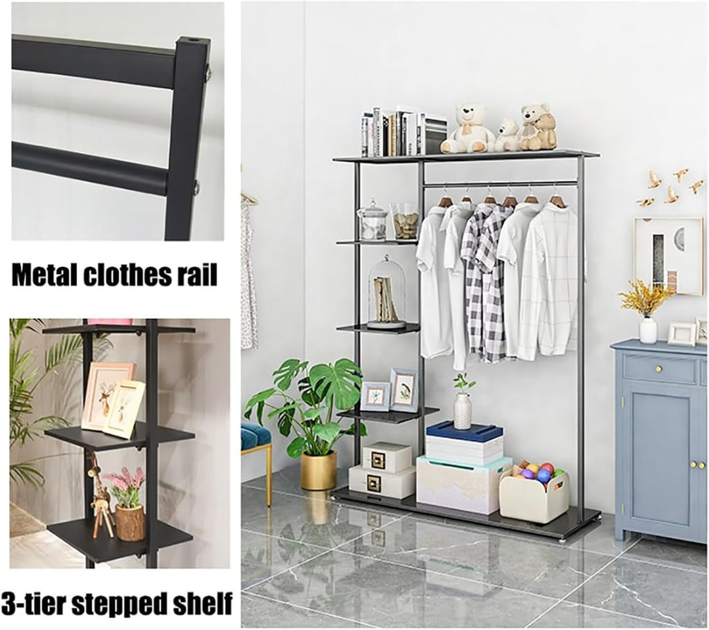 Hangers Display Stand - Garment Rack with Shelf, Metal Clothing Rack Free Standing Closet Organizer with 5 Tier Shelf,Large Clothing Display Stand for Home, Clothing Stor(A2