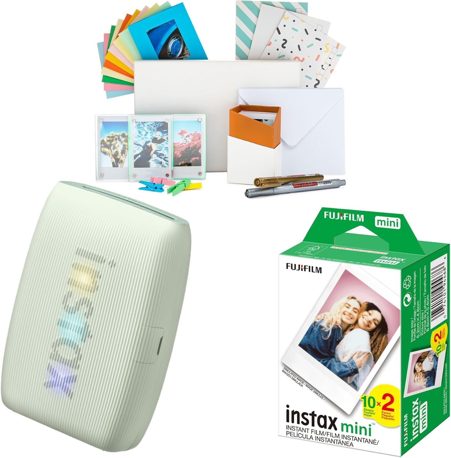Fujifilm Instax Mini Link 3 Compact Smartphone Printer with Instax AiR Studio App (Sage Green) Bundle with Focus Camera Polaroid Film Kit and Fujifilm Instax Mini Twin Film Pack (3 Items)