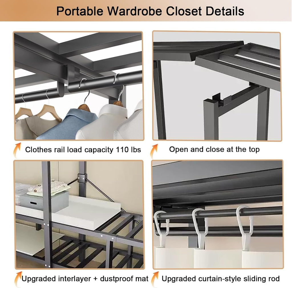 Portable Wardrobe Closet Rack - Heavy-Duty Foldable Garment Rack with Cover, 1200lbs Freestanding Clothes Organizer System,Enclosed Curtain Armoires for Hanging Clothes for Bedroom(125cm)