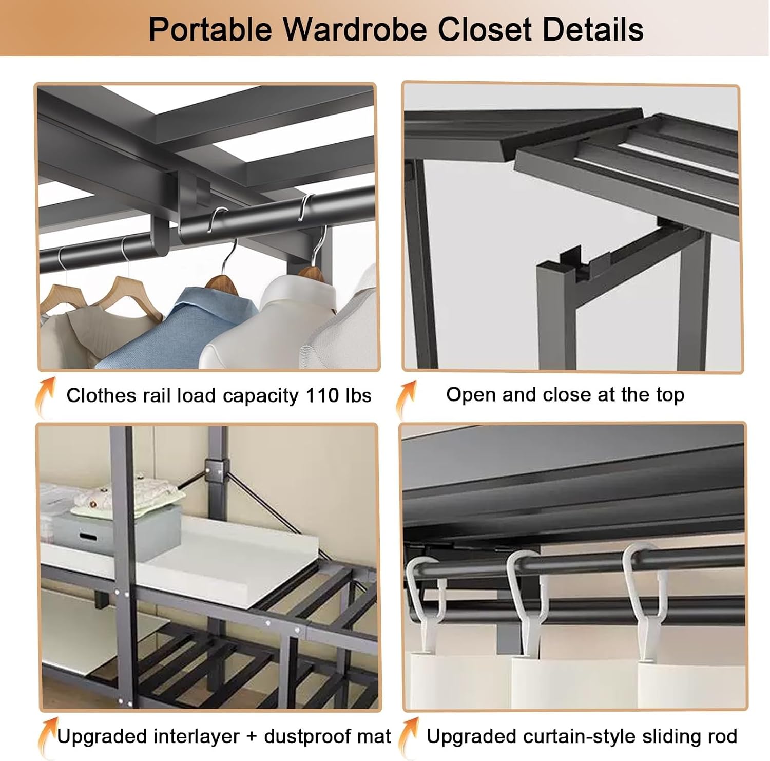 Portable Wardrobe Closet Rack - Heavy-Duty Foldable Garment Rack with Cover, 1200lbs Freestanding Clothes Organizer System,Enclosed Curtain Armoires for Hanging Clothes for Bedroom(242cm)