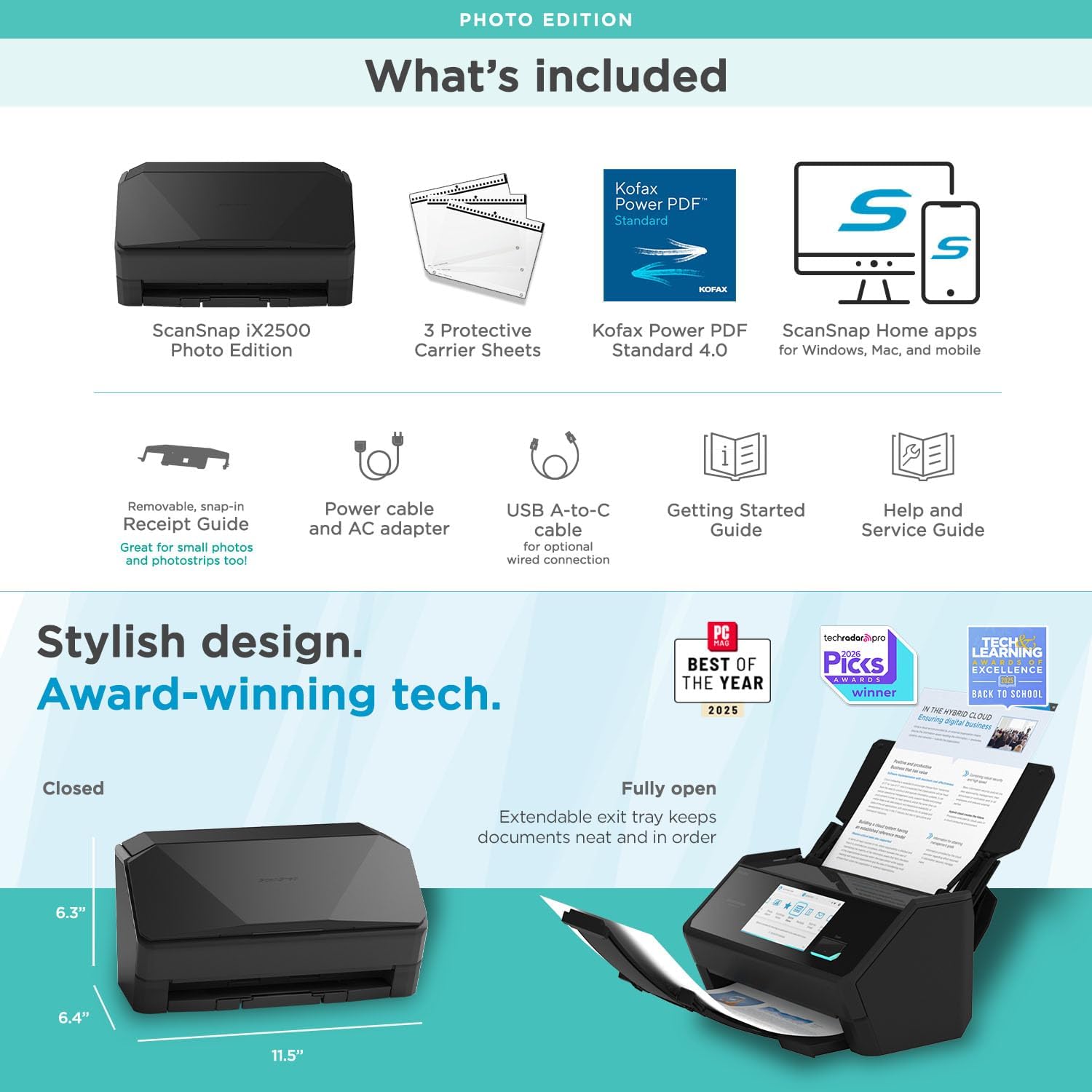 ScanSnap iX2500 Photo Edition Wireless or USB High-Speed Cloud Enabled Photo, Document & Receipt Scanner with Large 5' Touchscreen for Mac or PC, Black
