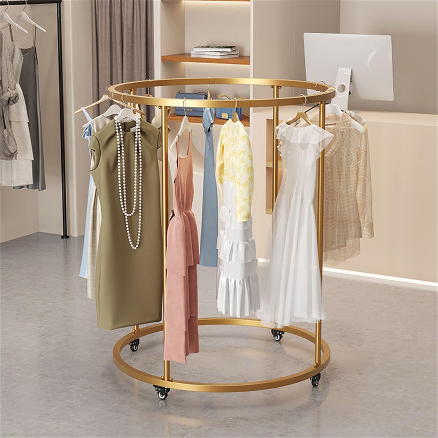 Gold 150CM Round Freestanding Garment Rack with 4 Wheels, Modern Style, Holds Up to 300 Pounds, Ideal for Clothes, Shirts, Pants, Jackets, Dresses, Suits