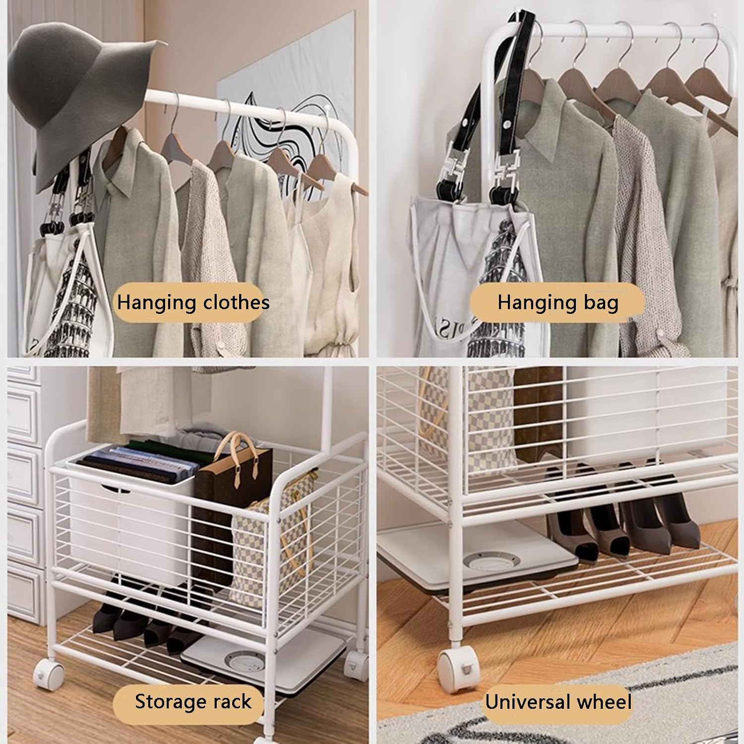 Heavy duty Garment rack Freestanding Metal Coat Rack On Wheel, Heavy Duty Clothing Rack With Storage Basket And Shelves, Space-saving Clothes Organizer For Entryway And Bedroom, White, 62X50X173CM.