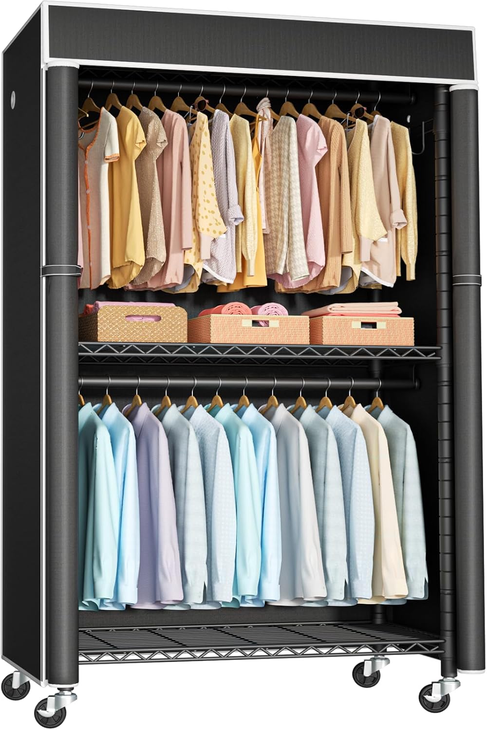 FUTASSI Clothing Rack with Cover, P1C Rolling Closets with Wheels, Metal Garment Rack for Hanging Clothes, Clothing Storage Wardrobe with Cover, 36.2' W x 16.5' D x 80.5' H, Black, Load 450 Pounds