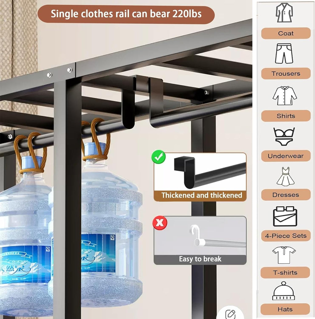 Heavy Duty Rolling Garment Rack With Cover Foldable Clothe Rack Portable Wardrobe Closet For Bedroom Armoires Freestanding Clothing Coat Storage Rack Garment Rack For Hanging Clothes(150cm/59in)