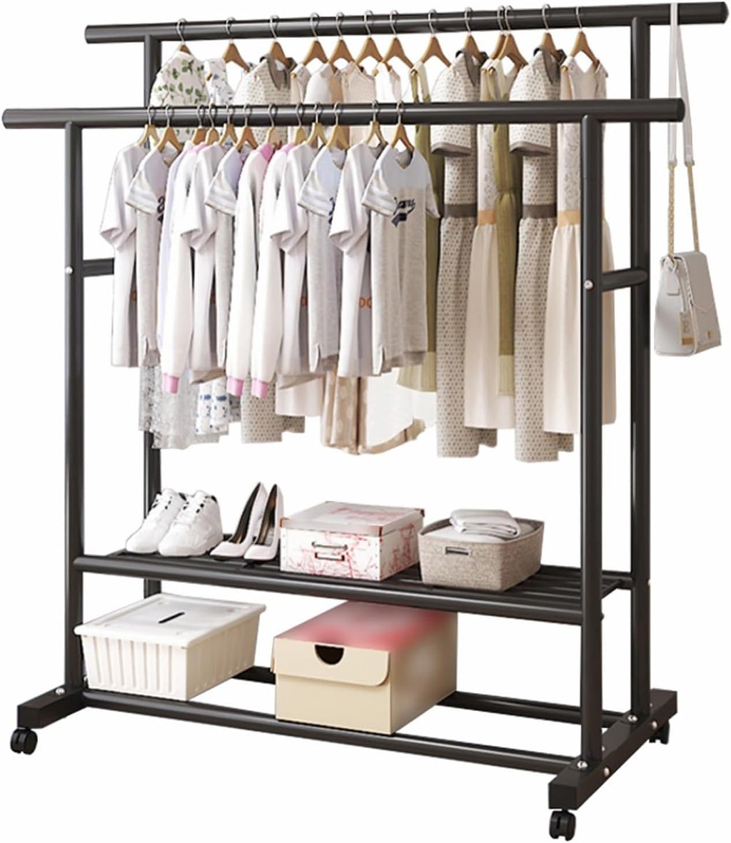 Freestanding Metal Bedroom Garment Rack with Wheels, Double Rods Multi-Functional Clothing Rack with Bottom Shelf, for Hanging Clothes, Coats, Skirts, Shirts, Sweaters(Black)