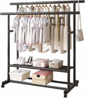 Freestanding Metal Bedroom Garment Rack with Wheels, Double Rods Multi-Functional Clothing Rack with Bottom Shelf, for Hanging Clothes, Coats, Skirts, Shirts, Sweaters(Black)