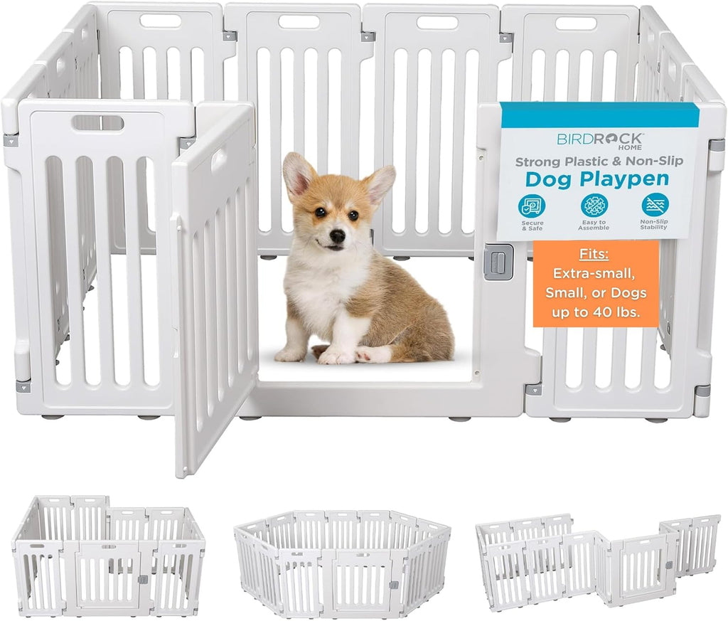 BIRDROCK HOME Pet Playpen with Door | 12 Panel | Strong Plastic | Puppy Safety Fence Pen Playpen | Non-Slip and Secure Dog Gate | White