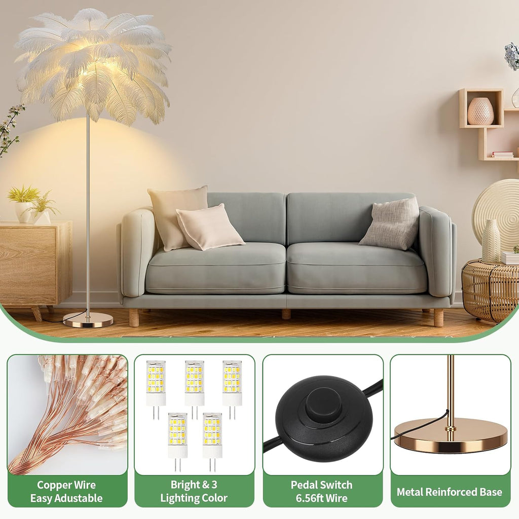 Feather Floor Lamp for Living Room, Fluffy Ostrich Feathers Lamp, Rose Gold Color Body, 3 Color Temperatures Modern Funky Arc Tall Standing Lamp for Bedroom Inclued Bright LED Bulbs (White)