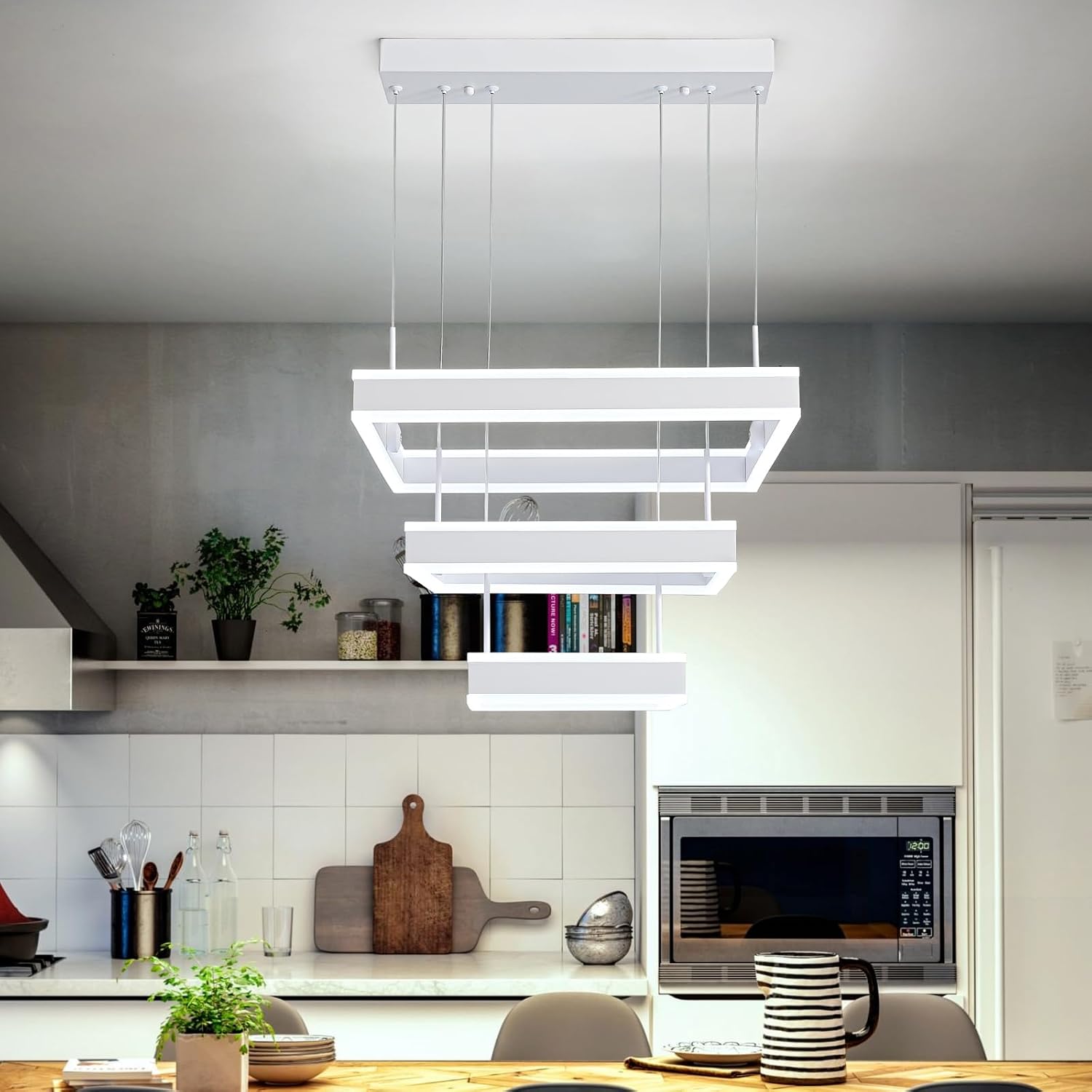 O'NEELDY Modern LED Chandeliers White Square Rings Pendant Light Fixture with Hanging Cord Flush Mount Square Modern Chandeliers for Kitchen Island Dining Room