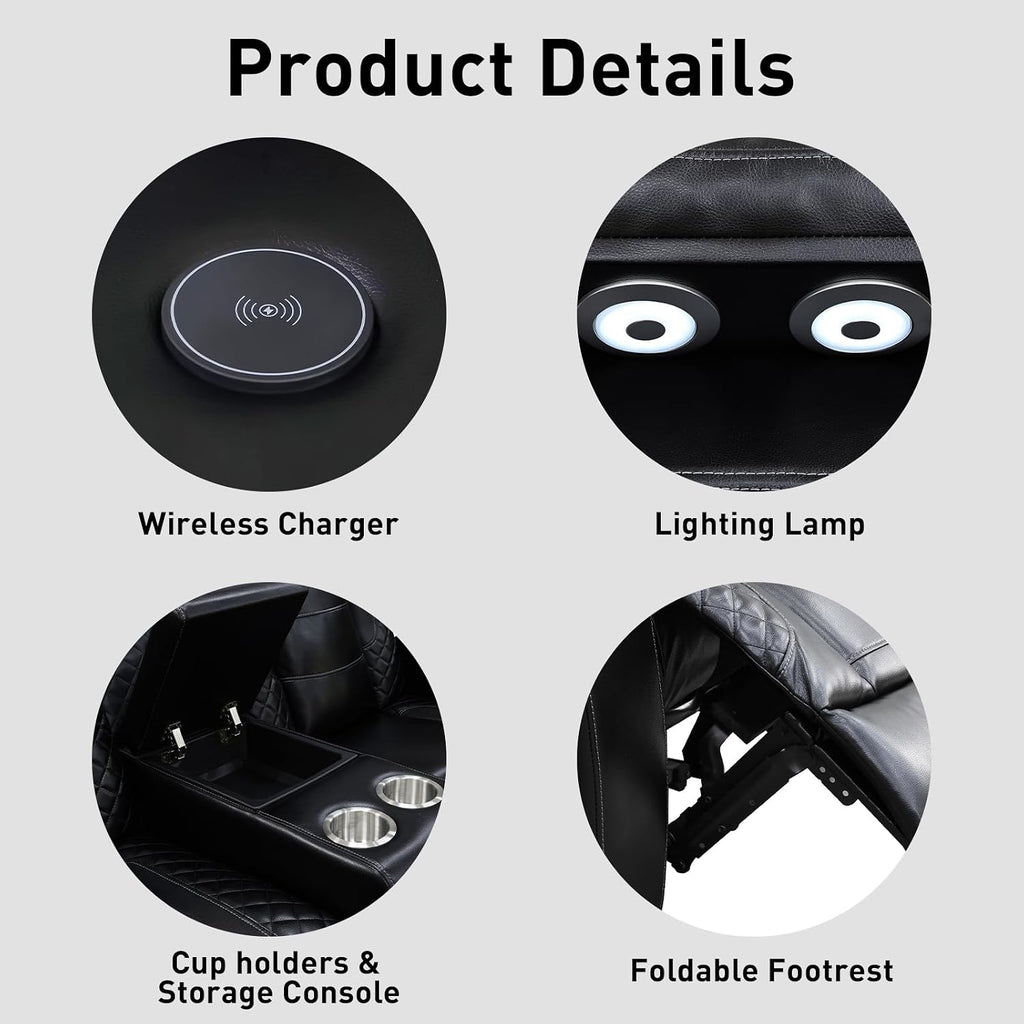 Power Recliner Sofa Set - 3 Piece Living Room Furniture Set with Electric Reclining Sofa, Loveseat and Chair, Breathable Faux Leather with USB Ports, Wireless Charging, Cup Holders and LED Lights