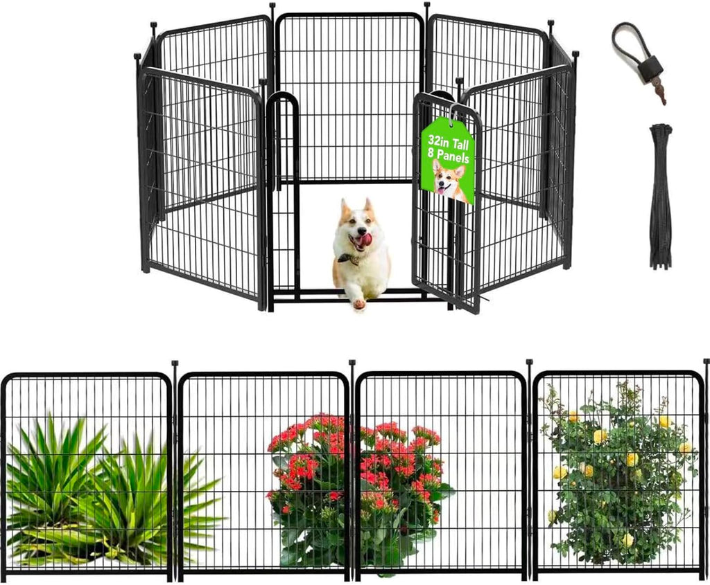 Getlay Tall Garden Fence, 32 in(H) 8 Panels Dog Fence Outdoor for Yard. Wide Door Low Threshold Total 17.7 Ft(L), Metal Dog Pen Heavy Duty Pet Puppy Exercise Pen for Rv Camping Garden Yard