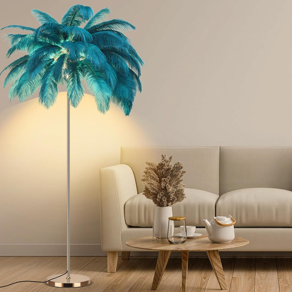 Feather Floor Lamp for Living Room, Fluffy Ostrich Feathers Lamp, Rose Gold Color Body, 3 Color Temperatures Modern Funky Arc Tall Standing Lamp for Bedroom Inclued Bright LED Bulbs (Blue)