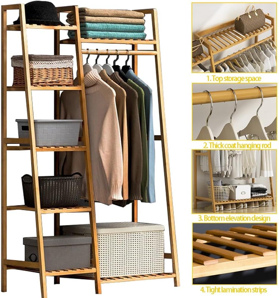 Bamboo Coat Rack with 7 Shelves and Hanging Rod Free Standing Garment Rack for Bedroom Closet nization Max Load 220lbs