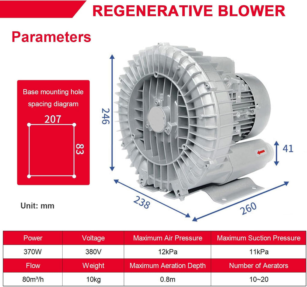 Regenerative Blower & Single/Three Phase Vortex Ring Blower - 220v/380v Industrial Vacuum for Aquaculture Hydroponics and Dust Collection 370W/380V